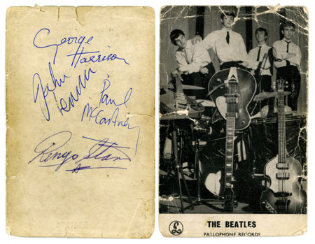A set of Beatles autographs obtained at the Beatles' Assembly Rooms gig in Tamworth in 1963.