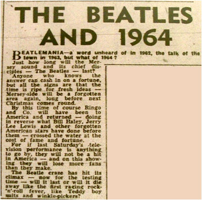 The Tamworth Herald of Friday December 27th 1963 predicts the demise of the Mersey sound and predicts a lack of success for The Beatles in America