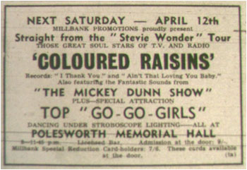 12/04/69 - Coloured Raisins (Straight from the Stevie Wonder tour), The Mickey Dunn Show, Top ‘Go-Go’ Girls, Polesworth Memorial Hall