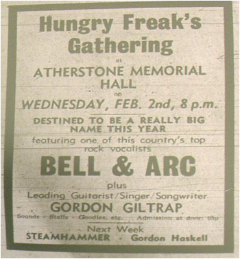 02/02/72 - Hungry Freaks Gathering, Bell & Arc and Gordon Giltrap, Atherstone Memorial Hall