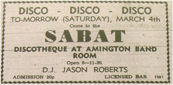 04/03/72 - SABAT Discotheque, DJ – Jason Roberts, Amington Band Room 