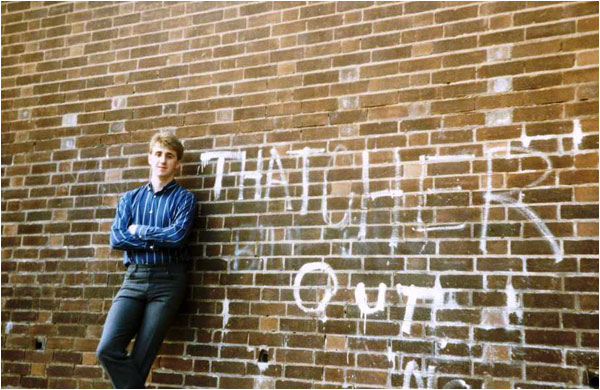 A photo of The Dream Factory's Tim Goode taken outside the Flying Scotsman pub on Glascote Heath in July 1984. The Dream Factory were rehearsing in the cellar bar at the Scotsman pub around that time.